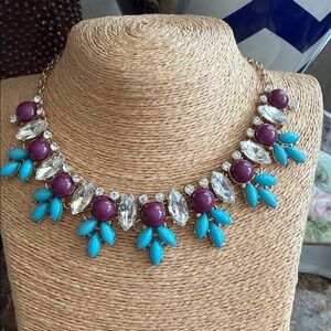 Gold chain Purple and turquoise colored marquis  shaped cabochons with crystal